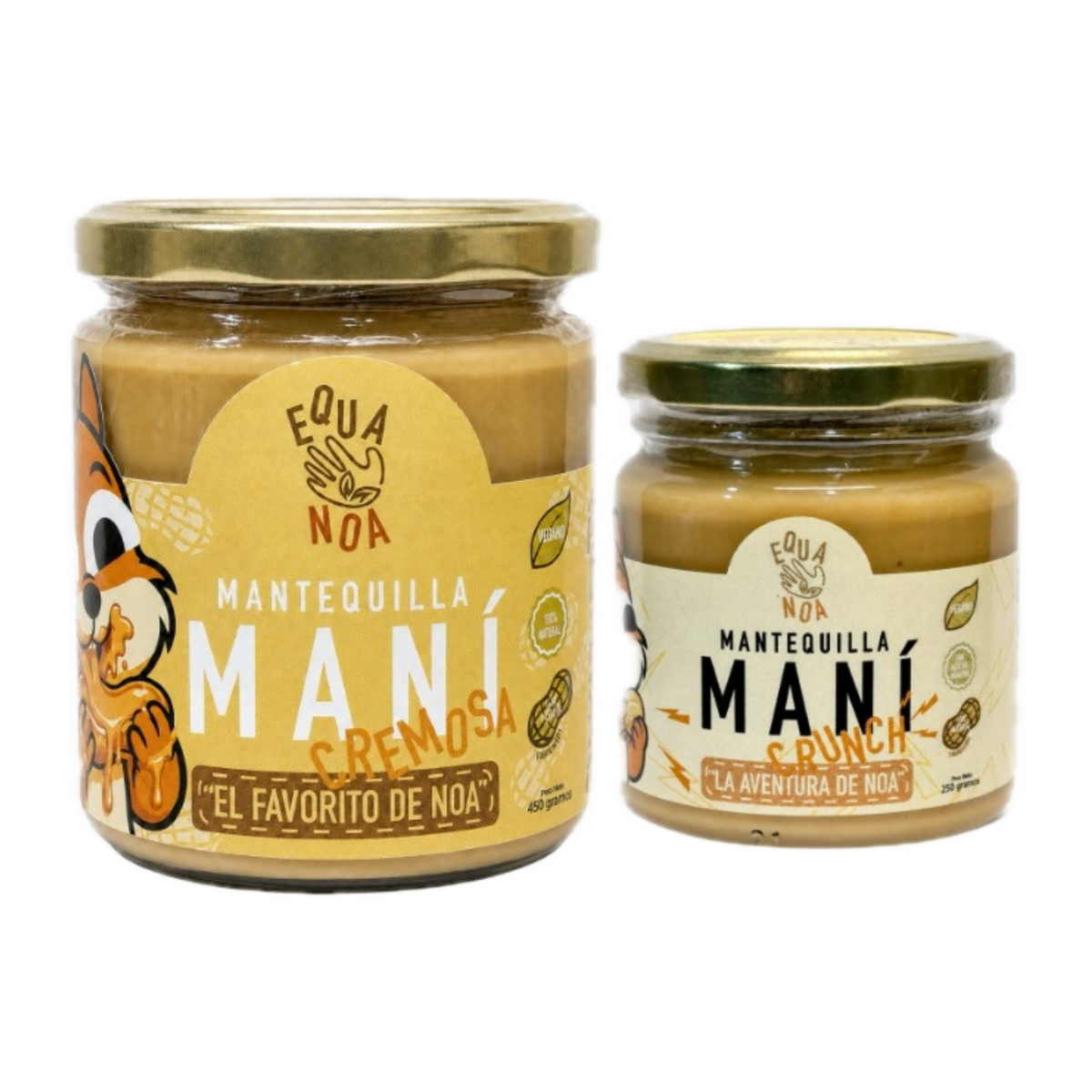 Dúo Equa Noa: frasco de 450 g de Mantequilla de Maní Cremosa junto a uno de 250 g de Crunch