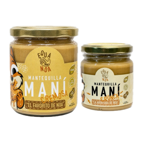 Dúo Equa Noa: frasco de 450 g de Mantequilla de Maní Cremosa junto a uno de 250 g de Crunch