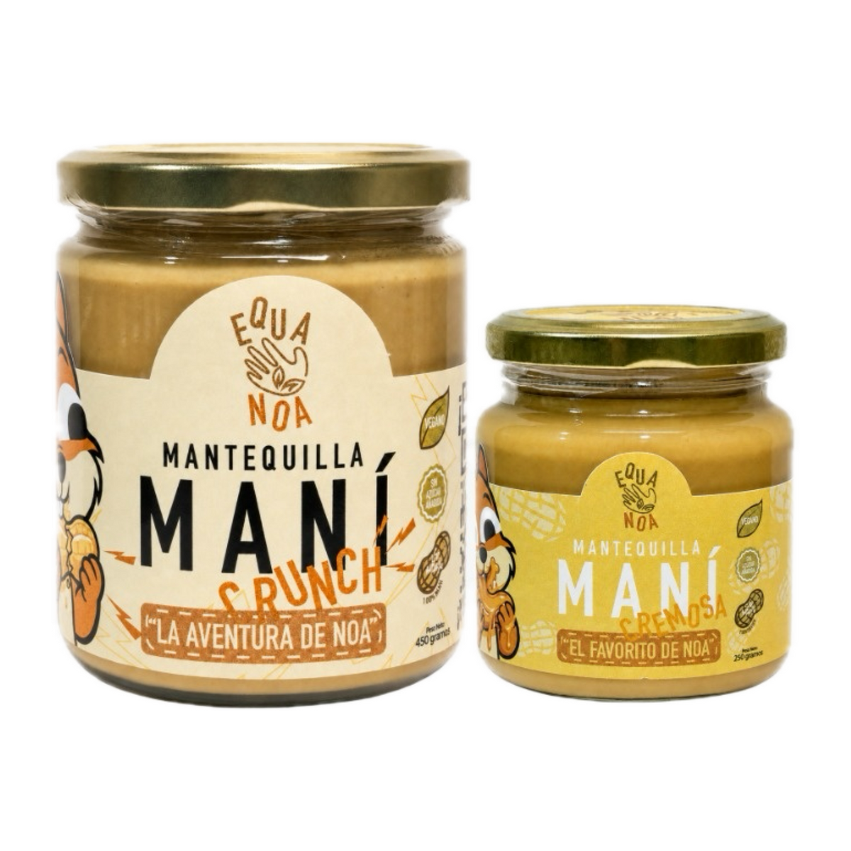 Dúo Equa Noa: frasco de 450 g de Mantequilla de Maní Crunch junto a uno de 250 g de Cremosa