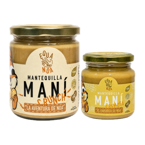 Dúo Equa Noa: frasco de 450 g de Mantequilla de Maní Crunch junto a uno de 250 g de Cremosa
